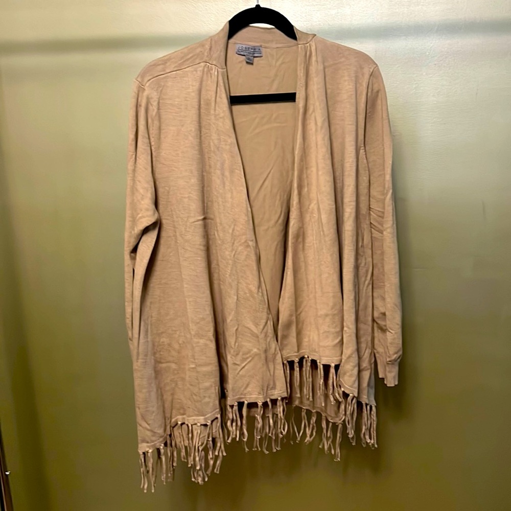 Joseph A tan sweater with tassels.